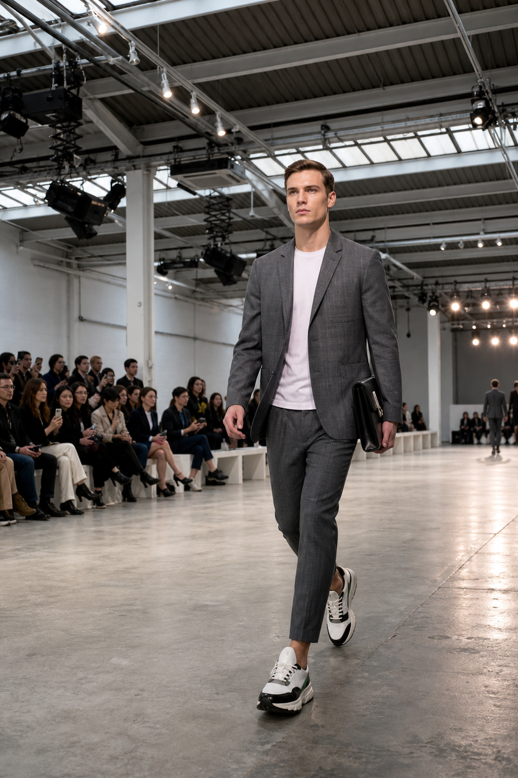 Men's fashion week runway model in a tailored gray suit